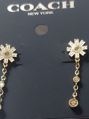 COACH Gold Sunburst Chain Drop Earrings with Crystal Accents